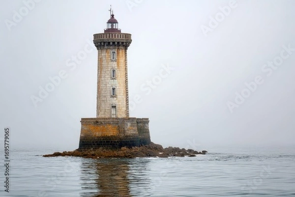 Obraz Old Stone Lighthouse in Foggy Sea