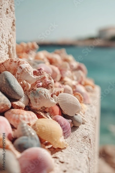 Fototapeta Seashell Collection on Light Beige Stone by Ocean