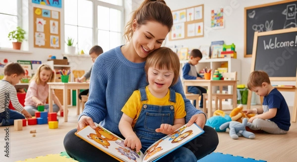 Fototapeta Woman and child with down syndrome read a book together on a couch, concept of inclusive education and parenting