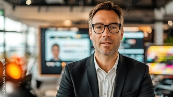 Fototapeta Confident businessman wearing glasses in a modern workspace environment