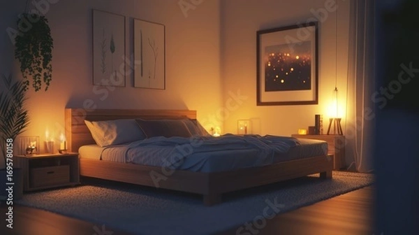 Fototapeta Serene bedroom interior with soft lighting and minimalistic design elements