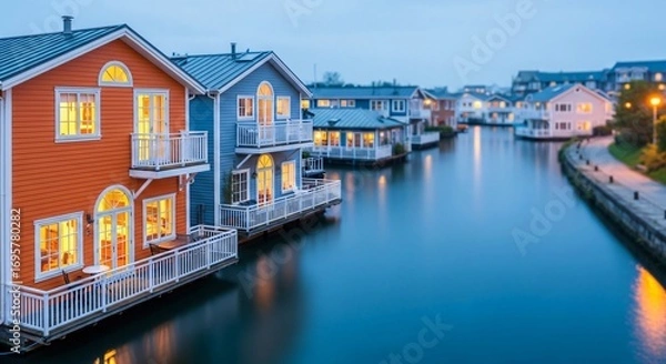 Fototapeta Vibrant Floating Homes Lining Tranquil Canal at Dusk Glow