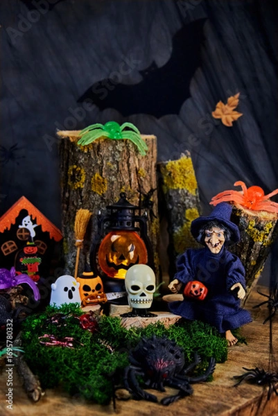 Fototapeta halloween fun on all saints eve - skulls, ghosts, pumpkins, spiders and other halloween characters in a dark forest late at night in a witch's house, selective focus