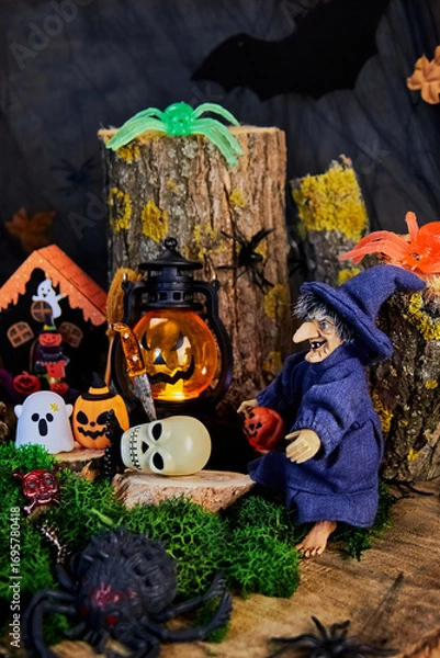 Fototapeta Halloween Eve fun - skulls, ghosts, pumpkins, spiders and other halloween characters in a dark forest late at night in a witch's house, selective focus