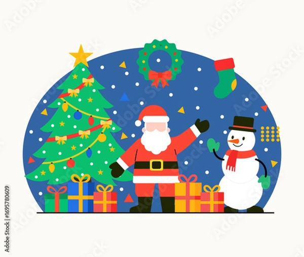 Fototapeta Santa Claus and Snowman Christmas Scene