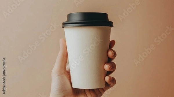 Fototapeta Minimalist Coffee Cup in Hand on Neutral Background for Branding Mockup