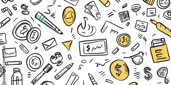 Fototapeta Hand drawn business and finance doodle pattern with money coins charts pens envelopes and documents in minimalist vector style seamless background design for investment and office concepts