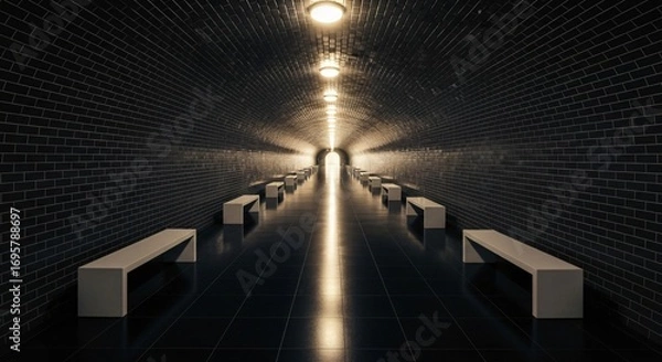 Fototapeta Modern Subway Tunnel with Benches and Dramatic Lighting Leading Forward