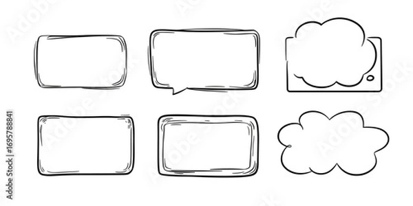 Fototapeta Hand drawn doodle style sketch set of six speech bubbles with rectangular and cloud shapes in black outline on white background vector illustration