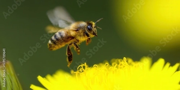Fototapeta A honeybee in mid-flight approaches a vibrant yellow flower, focusing on pollination.