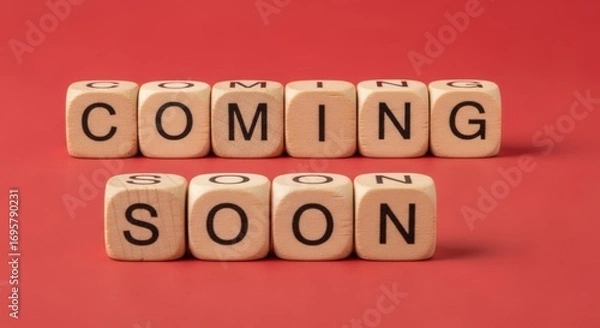 Fototapeta Coming Soon Wooden Blocks Letters on Red Background Announcement Promotion