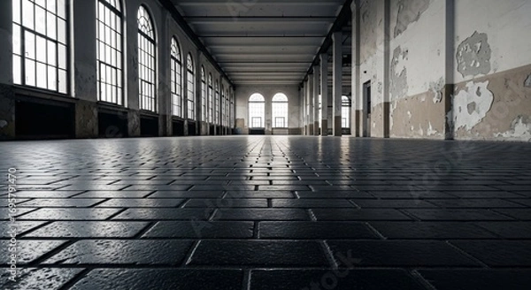 Fototapeta Vast Empty Industrial Hall with Large Windows and Brick Floor