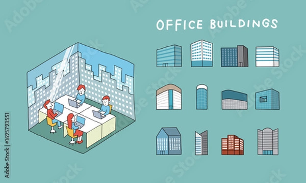 Obraz オフィスビルのイラストアイコンセット