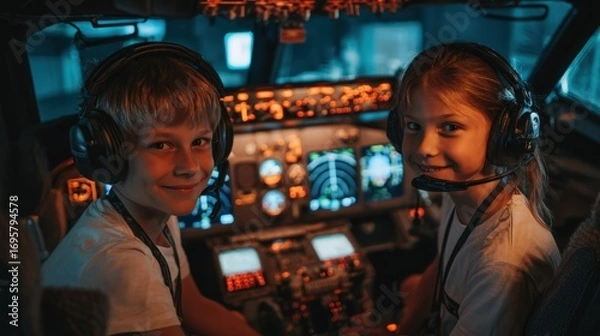 Fototapeta Two young children with headsets flying an airplane simulator at night in a cockpit with illuminated controls and screens