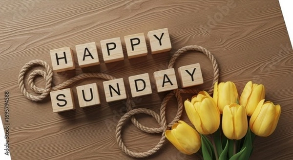 Fototapeta Happy Sunday Tulips Wood Blocks Message Wooden Table Sunday Funday Weekend Relax