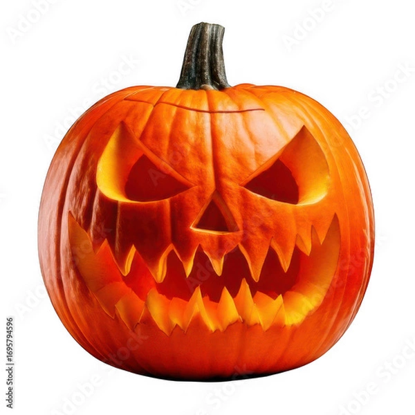 Fototapeta Carved pumpkin with scary grin, isolated on white and transparent background.