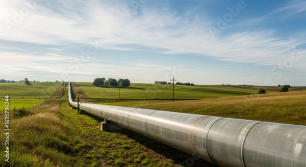 Fototapeta Oil pipeline with large valves and a signboard with russian text, industry infrastructure for energy transportation.