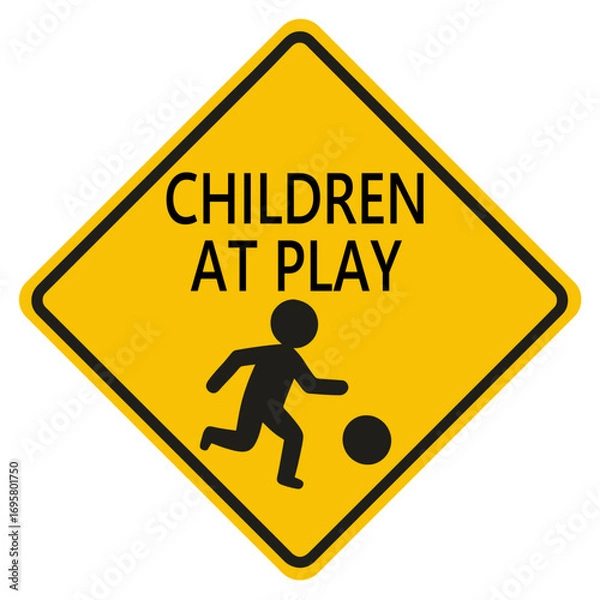 Fototapeta A children at play sign warns of kids in a neighborhood, and caution is needed. Modern flat vector sticker label with icon and badge style, transparent background