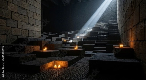 Fototapeta Mysterious Stone Staircase with Glowing Candles and Dramatic Light Beam