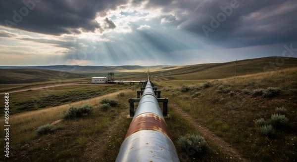 Fototapeta Oil pipeline with large valves and a signboard with russian text, industry infrastructure for energy transportation.