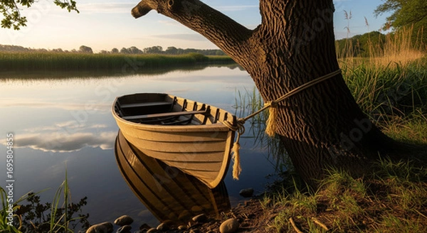 Obraz Boat Tied to Tree by Riverside