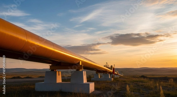 Fototapeta Oil pipeline with large valves and a signboard with russian text, industry infrastructure for energy transportation.