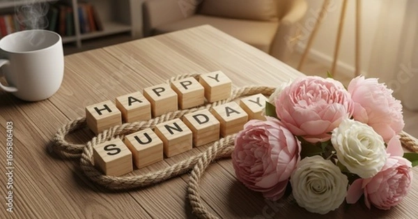 Fototapeta Happy Sunday Morning Still Life with Coffee and Flowers Relaxing Concept