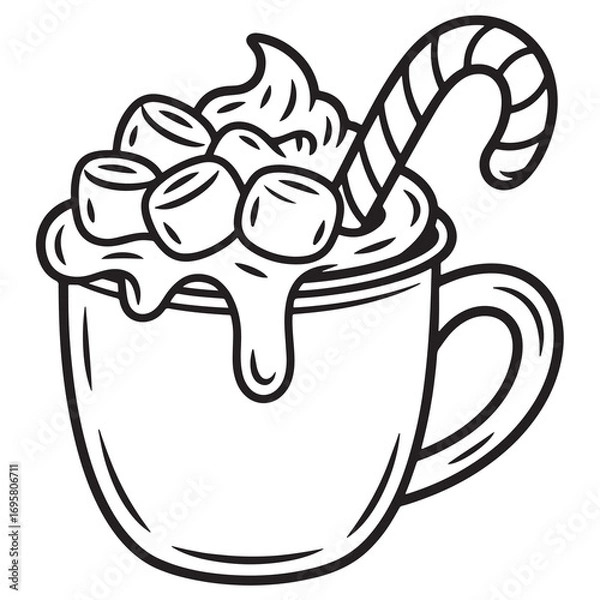 Fototapeta Hot Cocoa with Marshmallows and Candy Cane Line Art Coloring Page