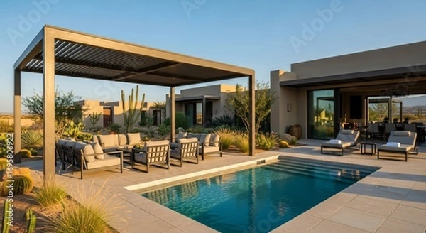 Fototapeta Modern Desert Oasis Backyard with Pool, Lounge Seating, and Pergola