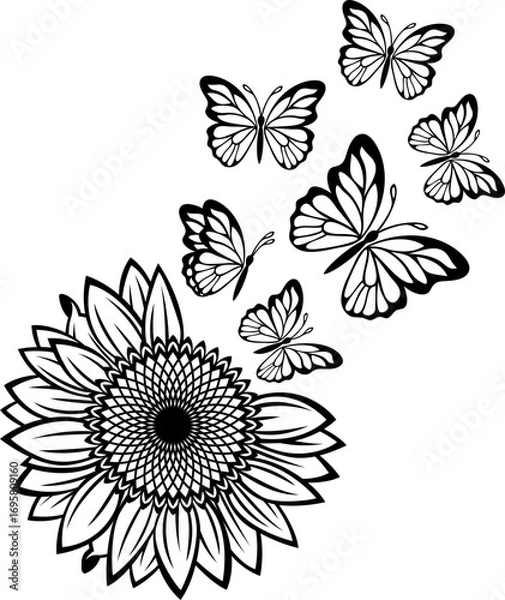 Obraz Sunflower flower with flying butterflies