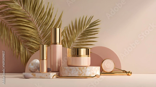 Obraz Luxury Cosmetic Product Display with Tropical Palms
