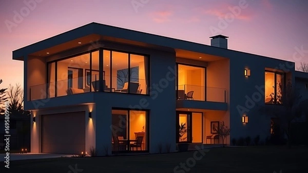 Obraz A modern minimalist home glows warmly at dusk, framed by large windows and twilight hues.