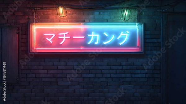 Obraz Cyberpunk Neon Sign with Japanese Text on a Brick Wall