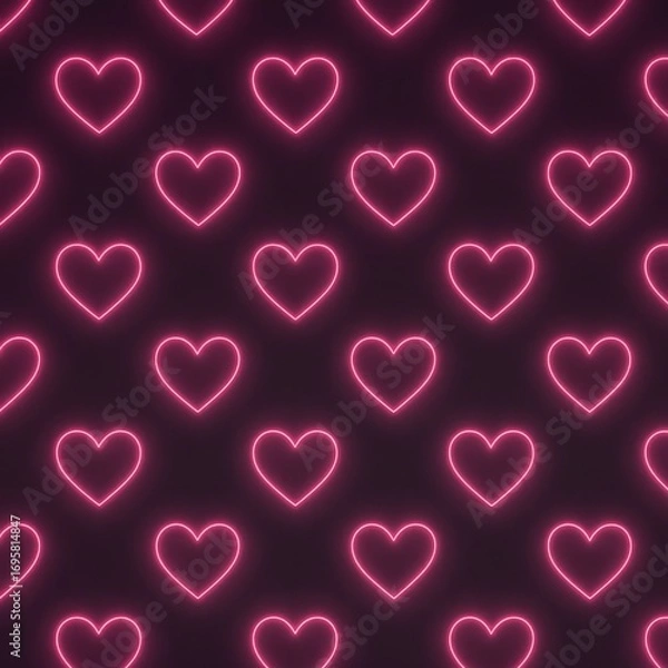 Fototapeta Glowing pink neon heart symbols arranged in a pattern on a dark background