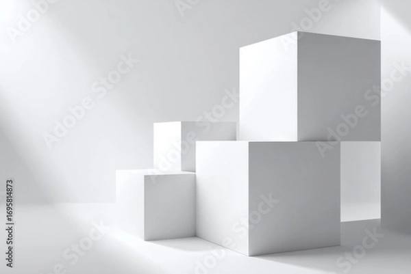 Obraz Minimalist abstract 3D cubes in white casting soft shadows.