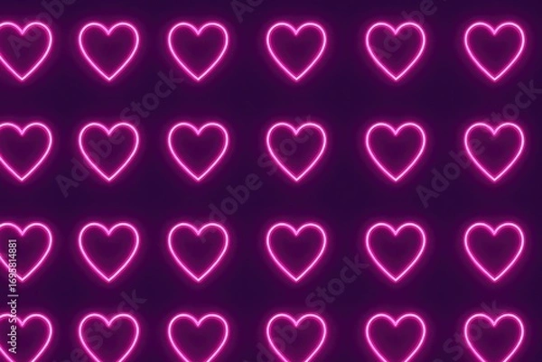 Fototapeta Repetitive glowing pink neon heart pattern forming a vibrant background