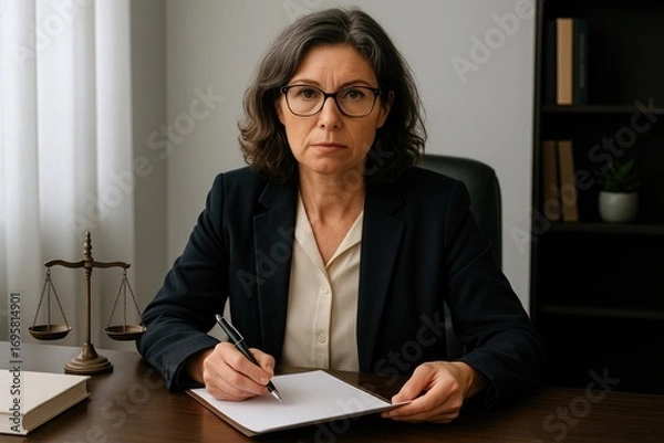 Fototapeta Mature female professional in formal attire sitting at a desk with scales of justice in the background.