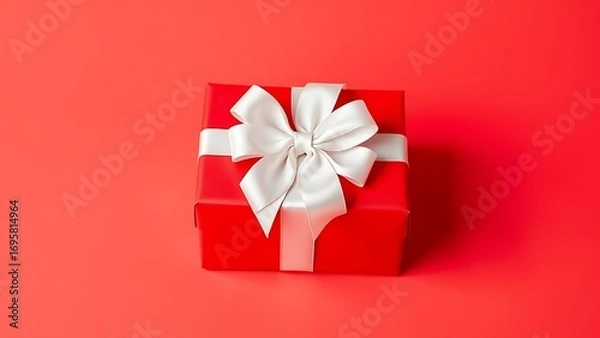 Obraz Red gift box with white ribbon and bow, centered product shot on clean background.