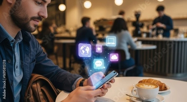 Fototapeta Young man using smartphone in a modern cafe, social media icons hover above the phone.  He enjoys a coffee and croissant.  Perfect for technology, communication, or lifestyle concepts.