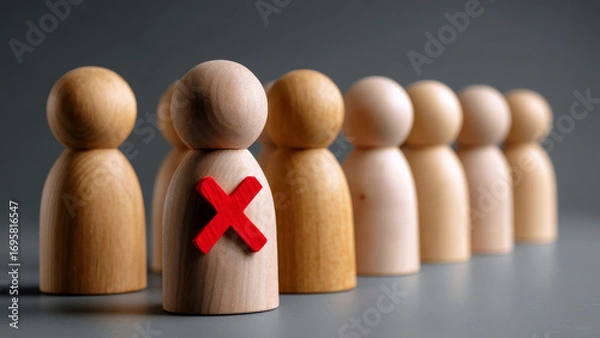 Fototapeta Wooden figure with red cross symbolizing workforce reduction jobs slow down economy crisis affecting many people in row