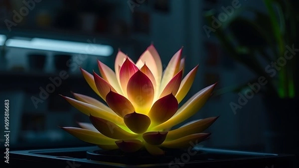 Obraz A single glowing succulent plant in a dark lab, its leaves emitting soft multicolored bioluminescence.