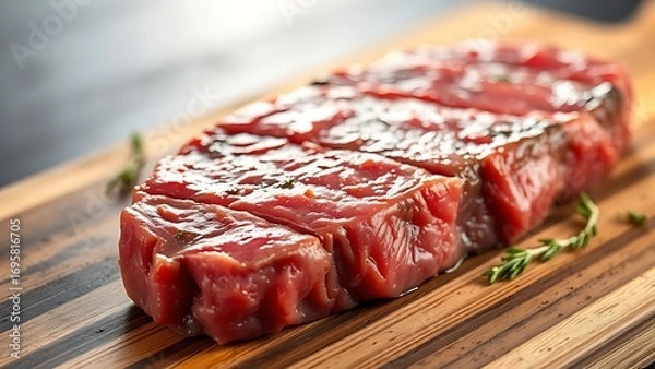 Obraz Close-up of raw beef on a wooden surface, showcasing freshness and culinary appeal.