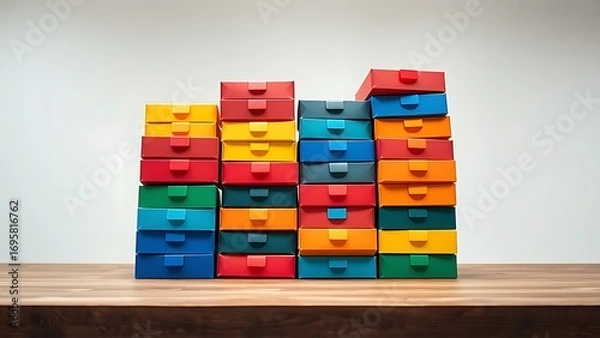Obraz Colorful package boxes neatly stacked on a wooden table, showcasing modern packaging design.