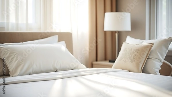 Obraz Hotel bed with crisp white linens and decorative pillow in soft morning light through sheer curtains.