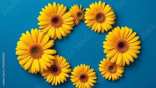 Obraz Vibrant yellow gerbera flowers arranged in a circular pattern against a deep blue background, symbolizing joy and energy.