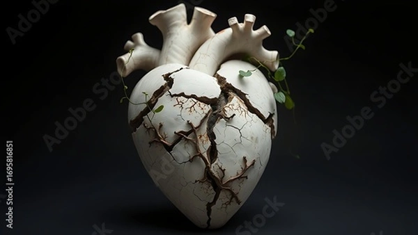Obraz A fractured anatomical heart sculpture with vines growing from cracks, representing evolving mortality concepts