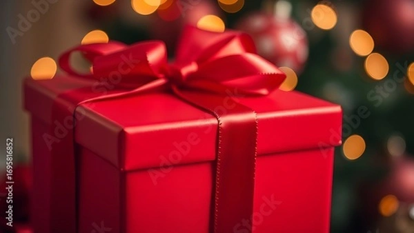 Obraz A luxurious red gift box adorned with a satin ribbon, evoking festive elegance and celebration.