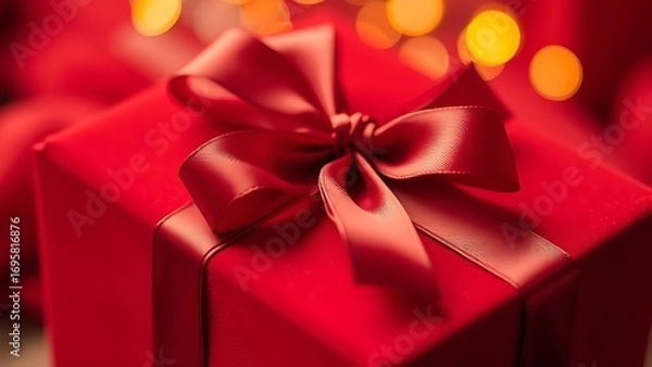 Obraz Velvety red gift box with satin ribbon, highlighting luxurious textures and warm lighting.