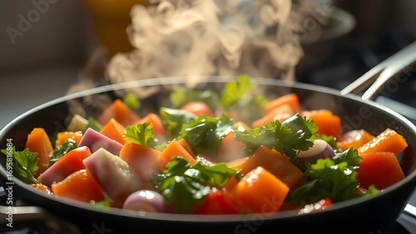 Obraz Close-up of sizzling colorful vegetables in a pan, steam rising with warm kitchen light.