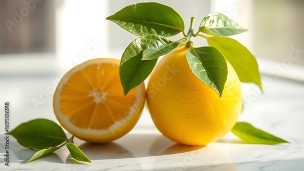 Obraz Fresh lemon with green leaves on marble, highlighted by natural window light.